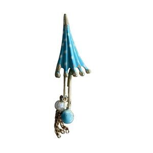 Rare Vtg Signed Mamselle Gold Tone Enamel Chain Umbrella Blue White Brooche Pin